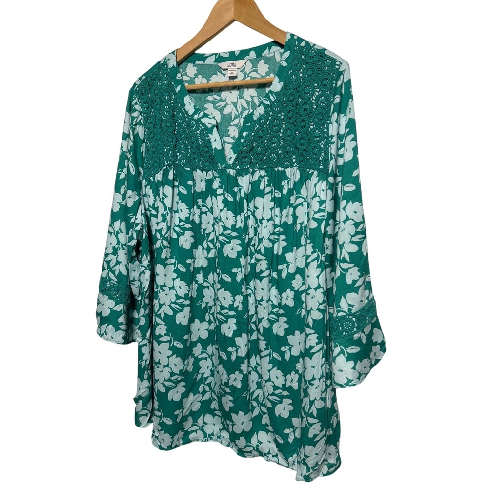 Croft & Barrow Womens Plus 1X Green Floral Crochet V Neck Bell Sleeve Tunic‎ Top